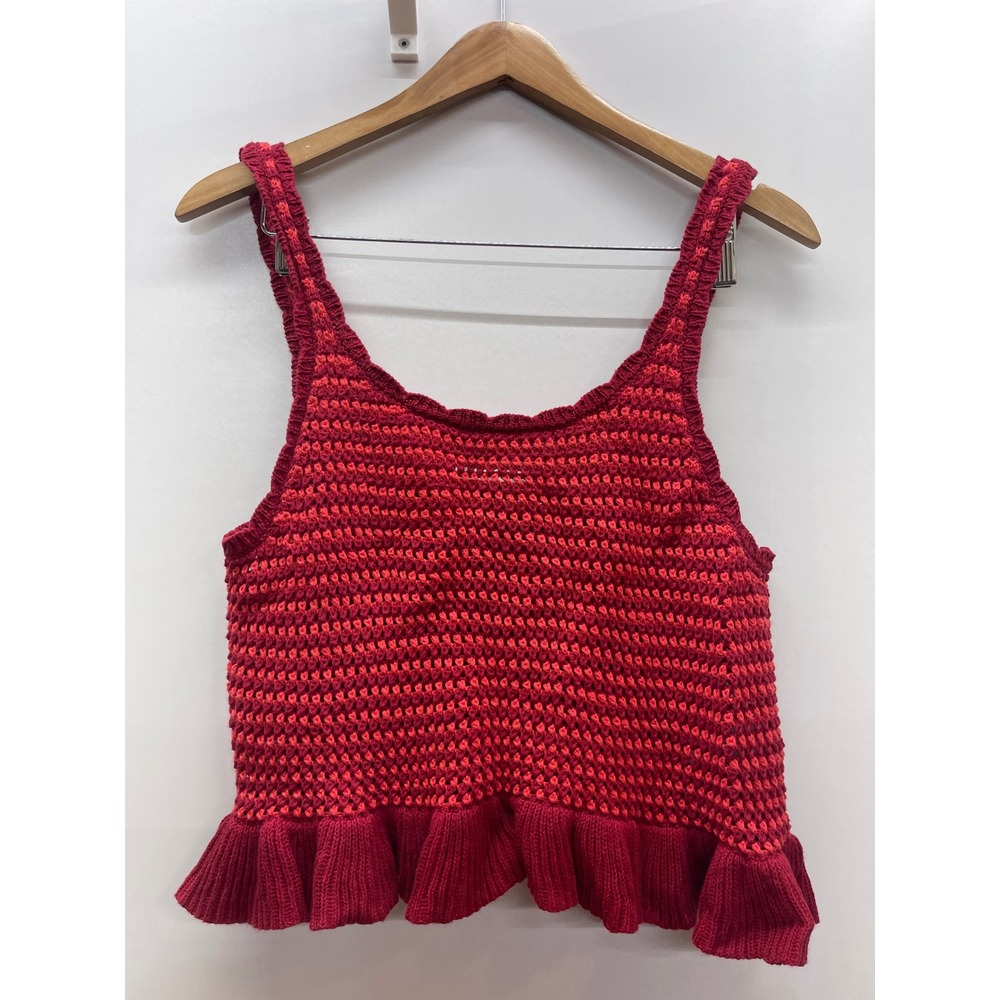 American Eagle Red Orange Crochet Ruffle Hem Knit Tank Top Large